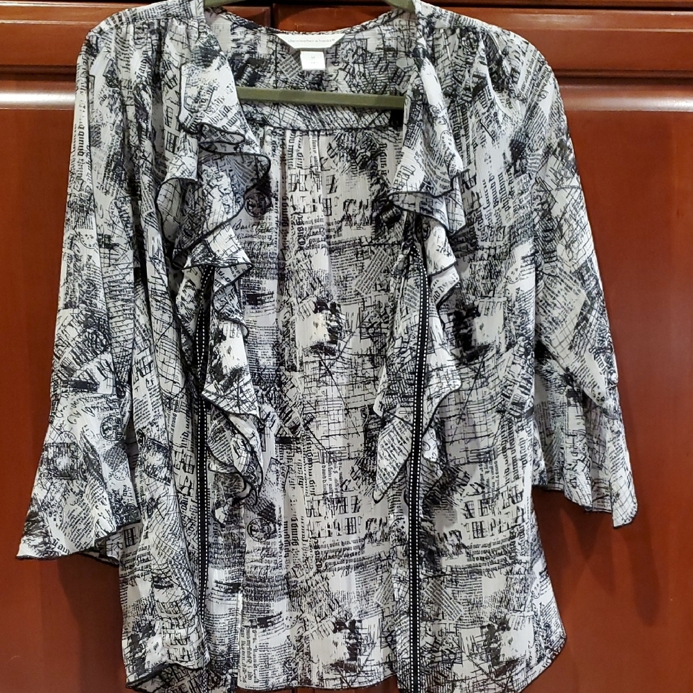 Christopher & Banks Black White Flowy Blouse Newspaper Print Cardigan Sheer Med. - Picture 5 of 16